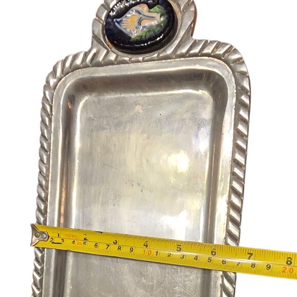 Vintage Mexican Pewter Bread Serving Tray & Round Plate Rope Detail Tile Handles - Picture 8 of 9